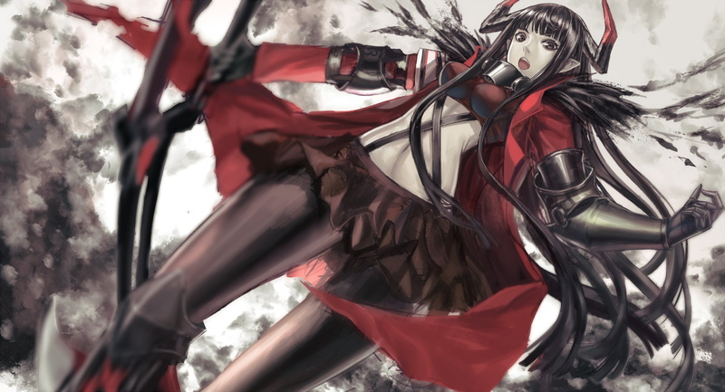 weapon, fantasia, horns, zhouran, hair, armor, 1080P, long, skirt, eyes, black, pixiv