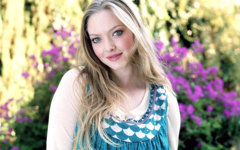 hairstyle, woman, white, hair, headshot, plant, smiling, young adult, flowering plant, beauty, front view, Amanda Seyfried, outdoors, one person, long hair