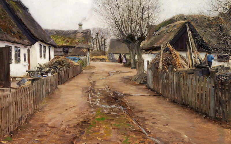Danish realist painter, 1911, Village scene in early spring, 1080P, Village scene in the early spring, Hans Andersen Brendekilde, oil on canvas, Danish