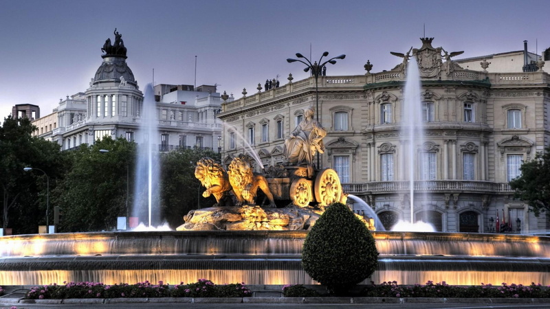 madrid, cibeles, spain, statue, lights, fountain, nature and landscapes, 1080P, buildings