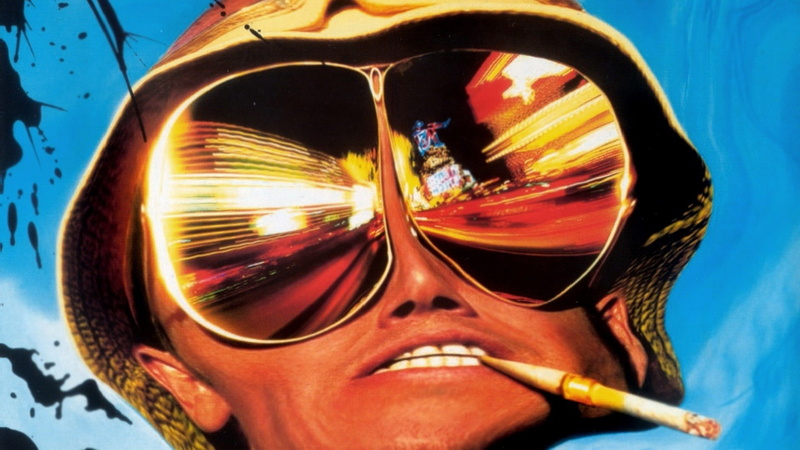 glasses, close-up, retro styled, Hunter S. Thompson, johnny depp, reflection, sunglasses, body part, nature, human face, lifestyles, yellow, colored background