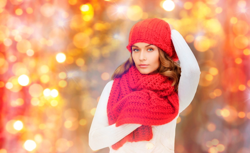scarf, looking at camera, warm clothing, clothing, adult, portrait, glove, christmas, wool, red, women, sweater, knit hat, hat, smiling, redhead, young adult