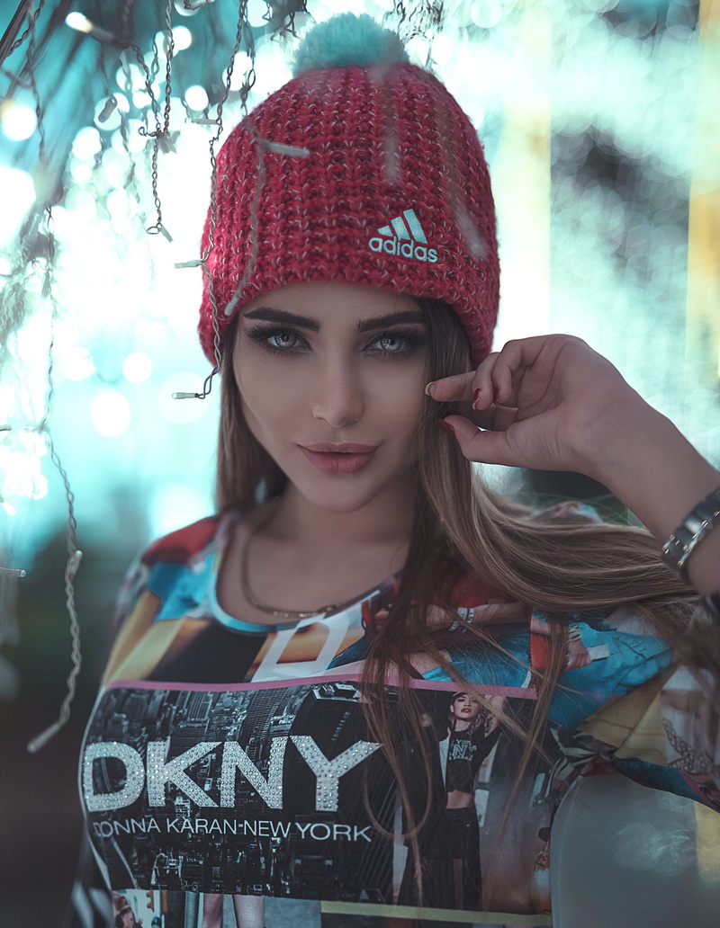 face, touching hair, 1080P, T-shirt, Wool cap, Ali Pazani, looking at viewer, women