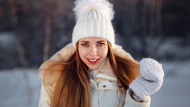 woolly hat, gloves, winter, straight hair, smiling, white gloves, red lipstick, wool, white jacket, long hair, hat, white cap, women, woolen, 2K, open mouth