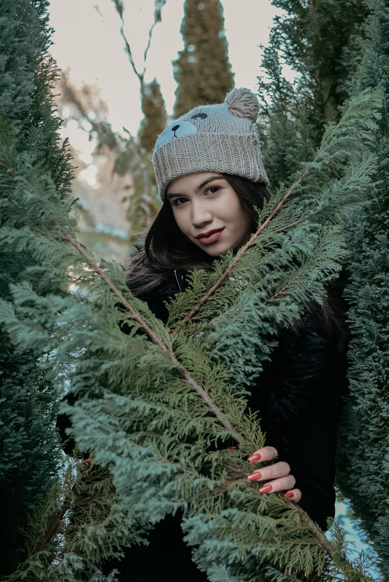 hat, looking at camera, young adult, spruce, cap, warm clothing, real people, hood, wool, portrait, human, person, winter, conifer, beautiful woman, tree