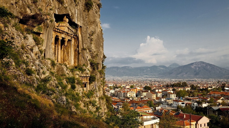 rooftops, mountains, architecture, building, trees, 1080P, town, ancient, rock, Turkey, clouds, cityscape, house, street