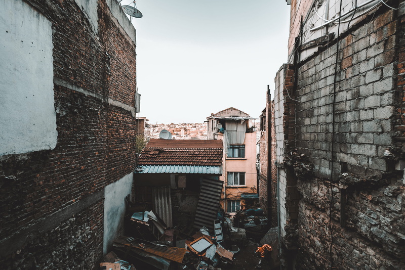 sunlight, wall - building feature, shadow, chair, road, alley, shed, old, city, balat mahallesi, white, brick, building exterior, brown, roof tile, buildings