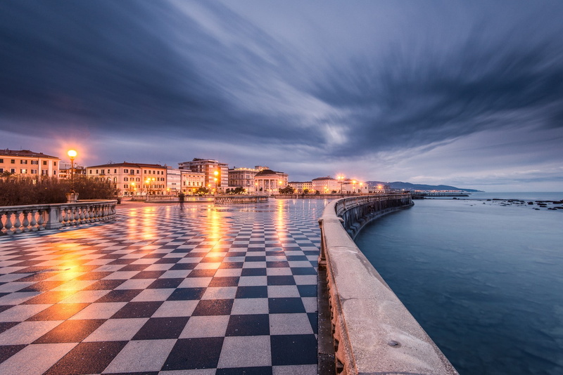 terraces, old building, town square, Europe, long exposure, Italy, architecture, evening, checkered, Livorno, cityscape, 1080P