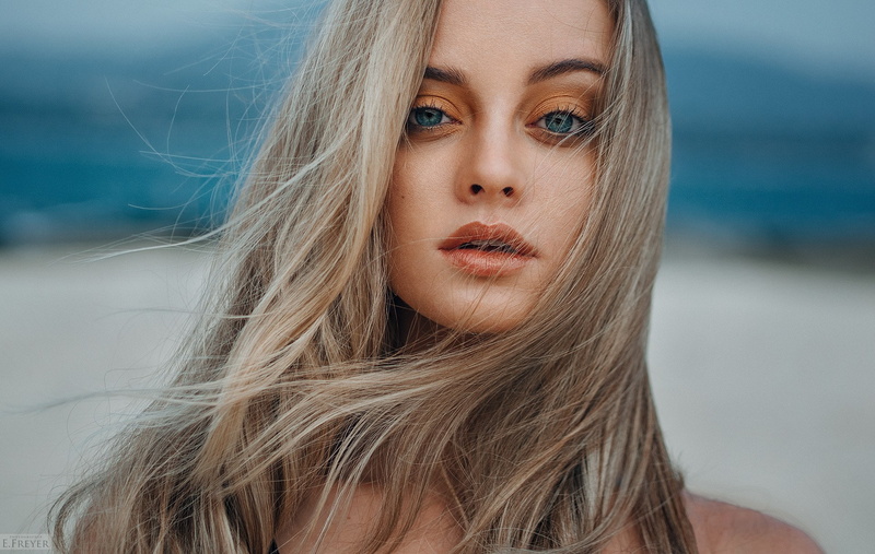 blonde, Polina Grents, face, blue eyes, portrait, Evgeny Freyer, women, 1080P