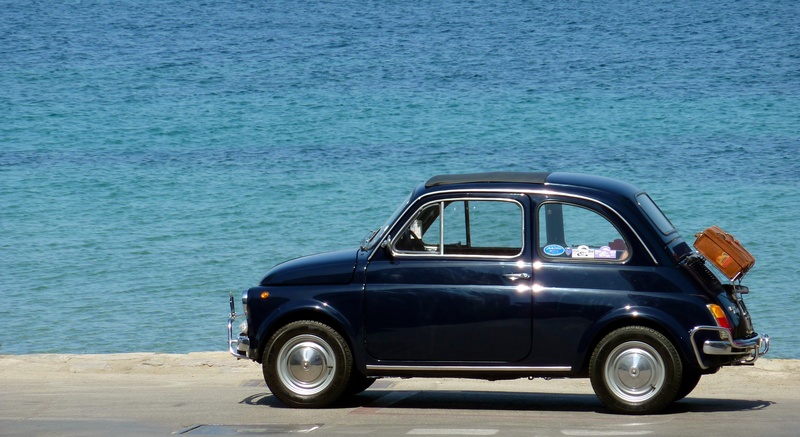old, retro Styled, side view, classic, nostalgic, car, land vehicle, auto, old-fashioned, near, cinquecento, park, 2K, old car, travel, sea, blue, road