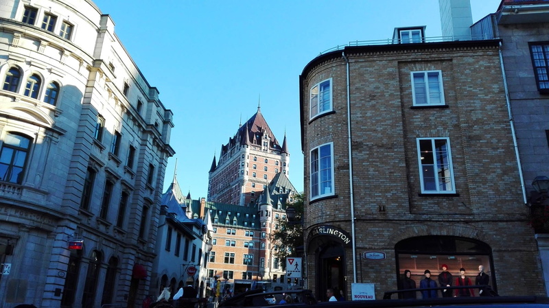 building exterior, old town, old quebec, travel, window, incidental people, outdoors, blue, clear sky, history, city centre, landscape, Castle, hotel, architecture