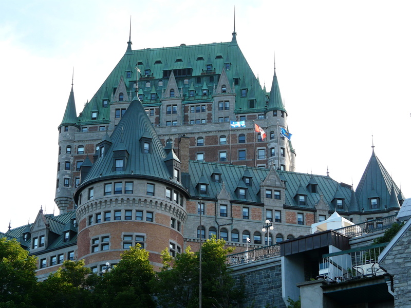 tower, architecture, Quebec City, transportation, Canada, outdoors, no people, Frontenac, travel, city, day, sky, window, built structure, old, low angle view
