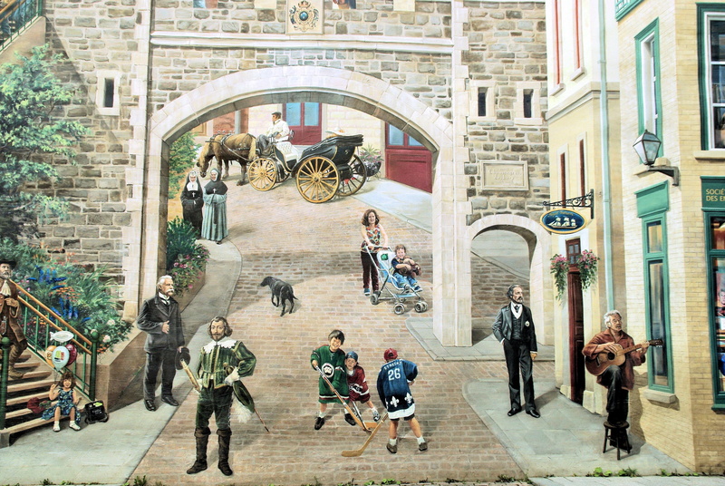 men, crowd, large group of people, building exterior, buildings, quebec, decoration, paintings, old town, built structure, women, adult, art and craft