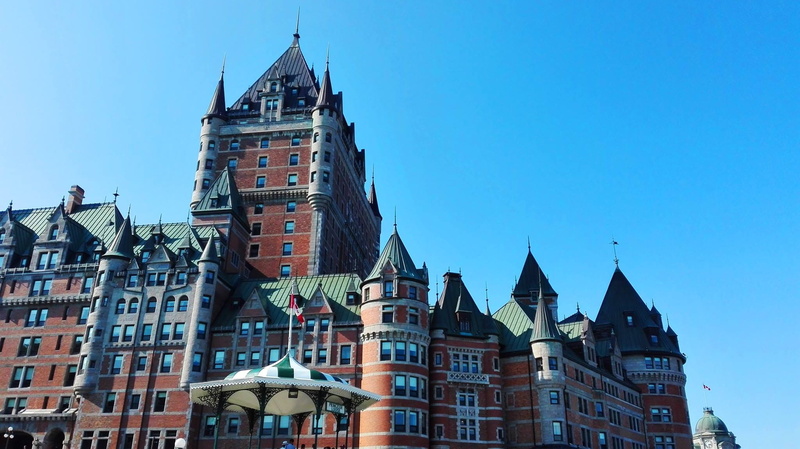 old town, frontenac, gothic style, england, old, québec, clock, window, landscape, no people, monument, travel destinations, clear sky, quebec, river, low angle view