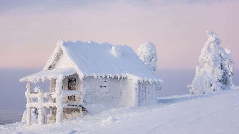 day, cold temperature, trees, 1080P, frost, tranquility, white color, house, remote, beauty in nature, calm, powder snow, architecture, sky, nature, scenics - nature