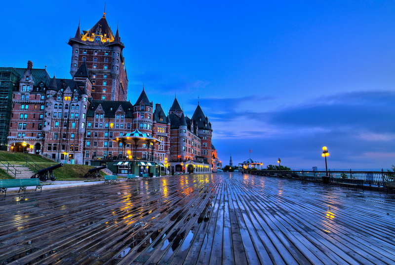 Château Frontenac, 1080P, QC, Canada, bridge, Quebec, Chateau Frontenac, the evening, benches, castle, the city