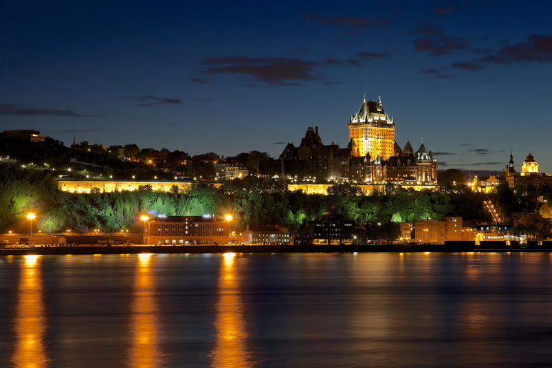 Canada, street, city, 2K, home, Frontenac, Quebec, castle, Church, architecture, chateau, trees, Night, QC, night.