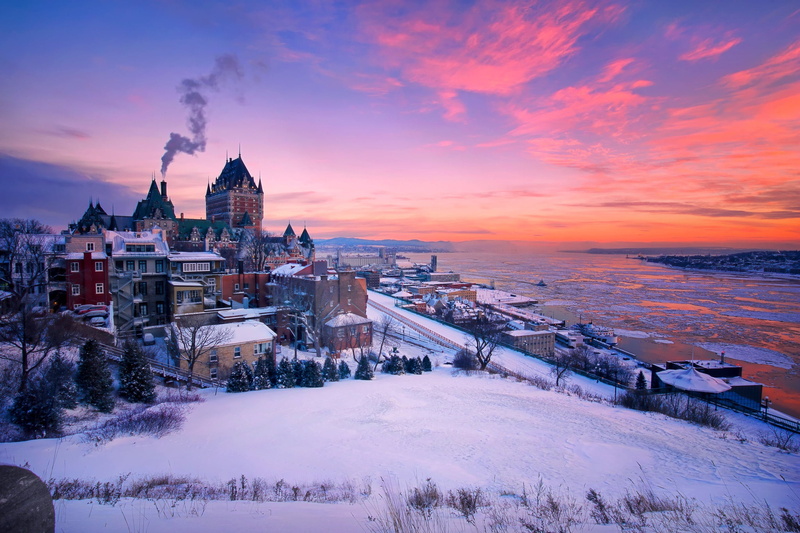 sunset, home, Quebec City, snow, Canada, building, 1080P, river, winter, Saint Lawrence River, Quebec, QC, The St. Lawrence River