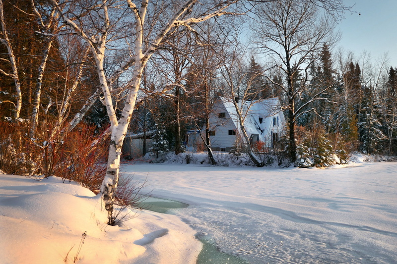 cottage, nature, snow, Bank, QC, house, 2K, winter, ice, forest, Canada, lake, landscape, trees
