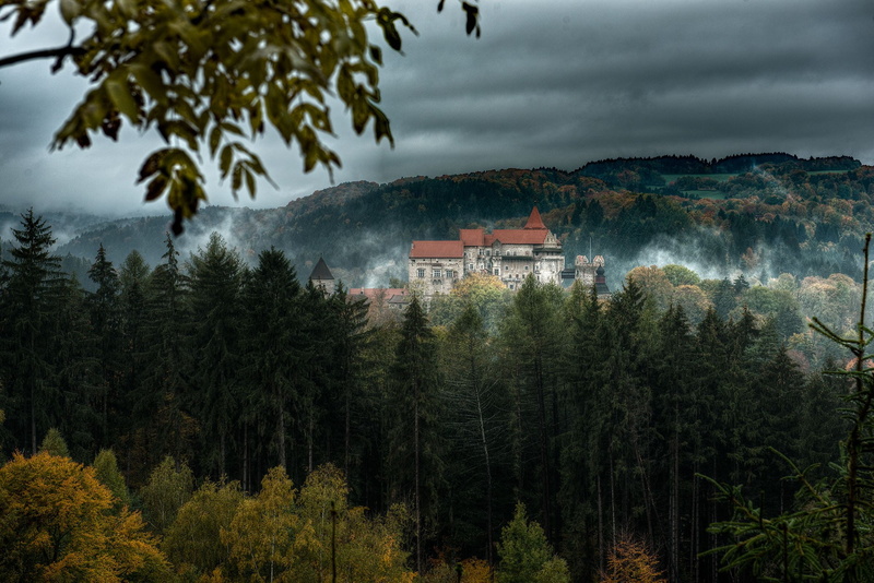 forest, pine tree, hills, residential district, beauty in nature, cloud - sky, castle, growth, fall, land, scenics - nature, leaves, Czech Republic, HDR