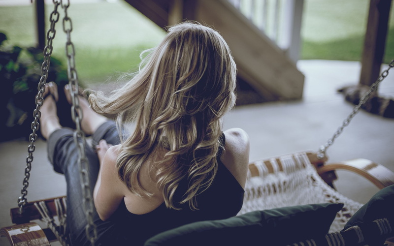 porch swing, women outdoors, blonde, back, 1080P, women, swings, jeans