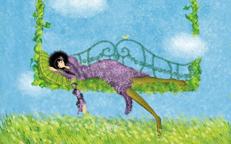 full length, woman, land, plant, backgrounds, porch, paint, representation, swing, 1080P, green Color, meadow, illustration, art, blue, nature, water