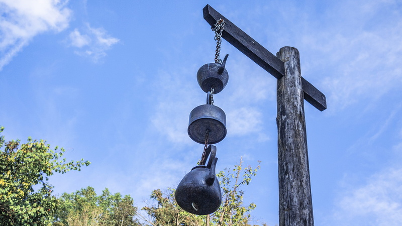 bell, building, sunlight, old, day, 2K, tree, toy, rust, mirror, musical instrument, flare, car mirror, cloud - sky, lamp post, light, outdoors, transportation