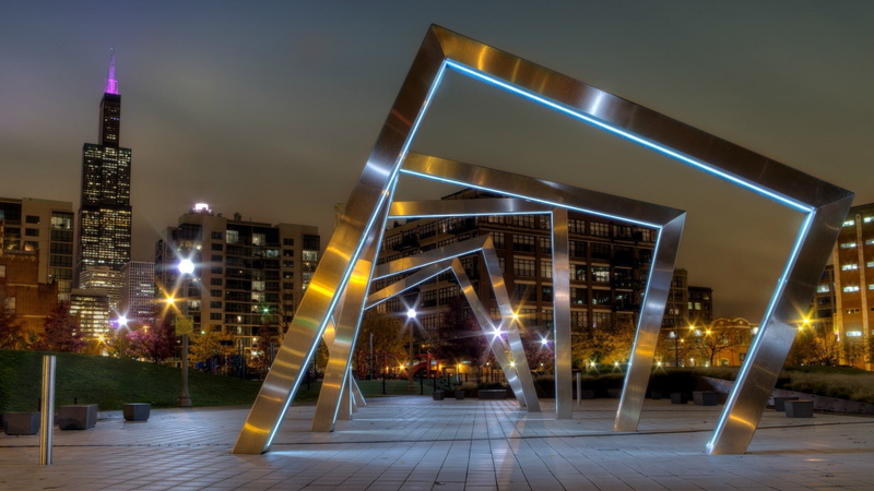Illinois, urban, building, cityscape, park, tiles, Chicago, geometry, trees, skyscraper, USA, lights, street, city, house, 1080P, artwork, metal, night