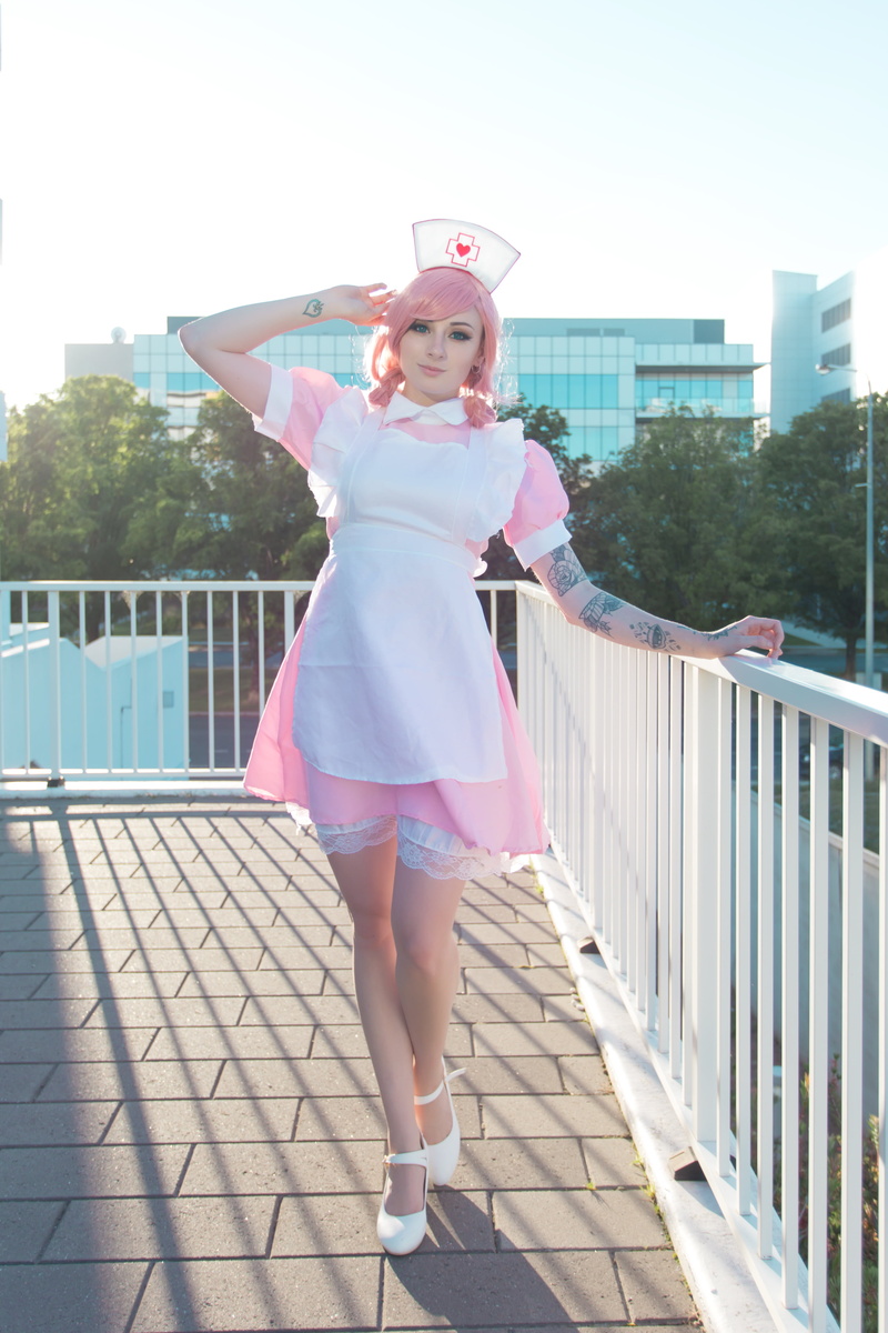 young women, pink hair, human arm, 4K, standing, clothing, beauty, portrait, full length, pink color, women, one person, pink dress, Nurse Joy, cosplay