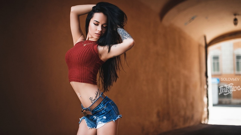 tattoo, model, arms up, jean shorts, women, 1080P