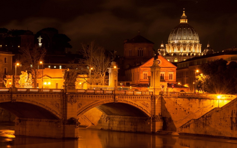 lights, night, city, landscape, vatican, 1080P, rome, bridge