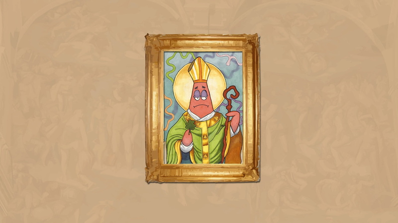 spirituality, belief, place of worship, female likeness, religion, indoors, humor, representation, picture frame, male likeness, paintings, creativity