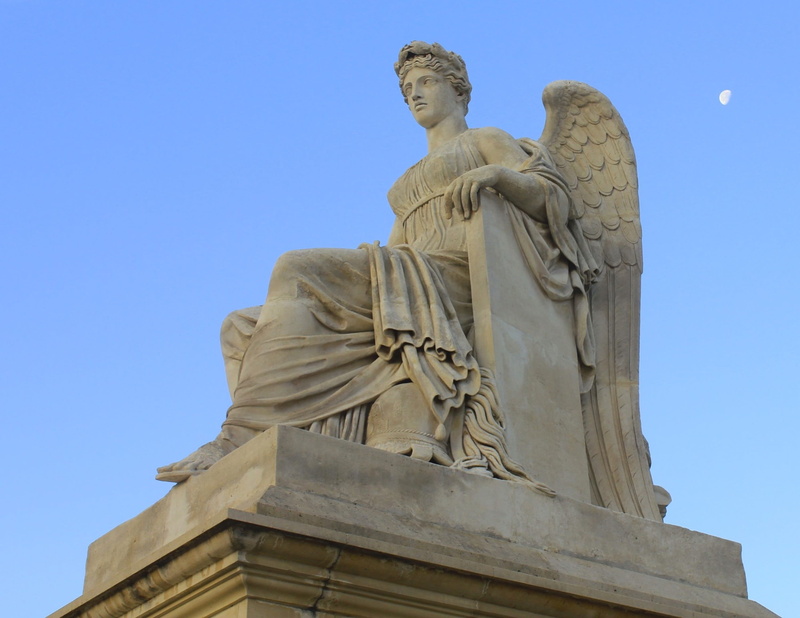 human representation, statue, sky, louvre, greek goddess, angel, paris, female likeness, france, statuary, monument, sculpture, religion, no people, low angle view