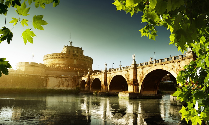 sky, bridge, leaves, Sunset, water, landscape, river, Nature, Italy, Rome, city, 4K