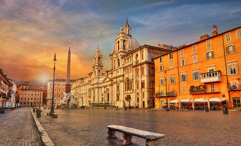 area, Fountain Of The Four Rivers, Piazza Navona, Italy, obelisk, bench, Rome, 2K
