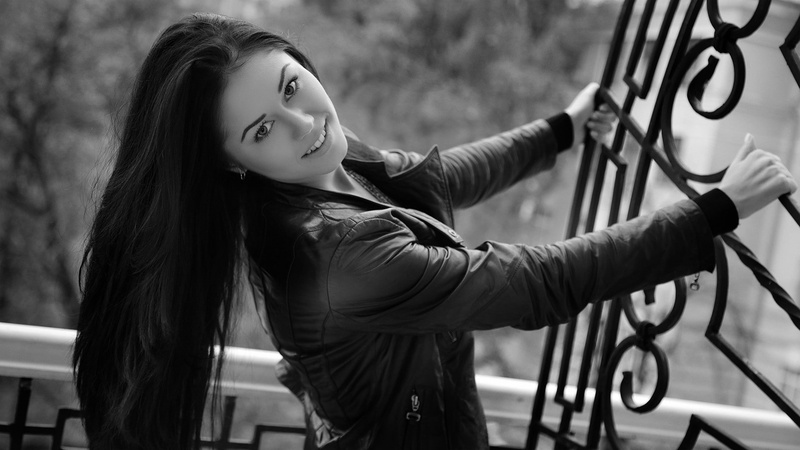 leather jackets, open mouth, Macy B, smiling, 1080P, monochrome, long hair, women