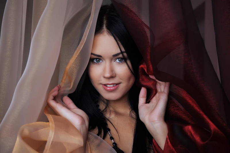 dark hair, Macy B, looking at viewer, women, portrait, open mouth, curtains, 4K, long hair, model, smiling, black hair