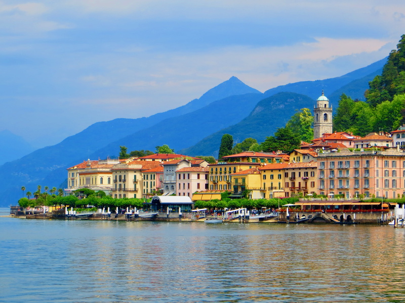 built structure, summer, bellagio, como, mountain range, travel, cloud - sky, beauty in nature, sky, port, outdoors, nautical vessel, architecture, side