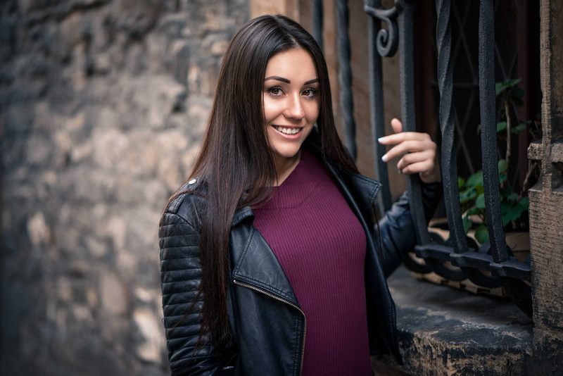 long hair, women, brunette, 1080P, straight hair, depth of field, leather jackets, jacket, smiling, looking at viewer, women outdoors, open mouth, Cyril Max