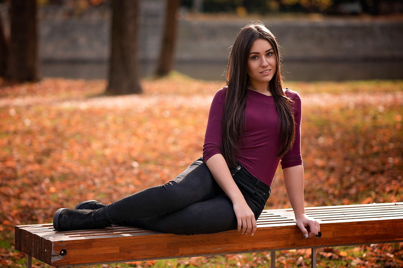straight hair, shoes, jeans, Lenka, brunette, 1080P, depth of field, portrait, long hair, women, trees, Cyril Max, women outdoors, smiling