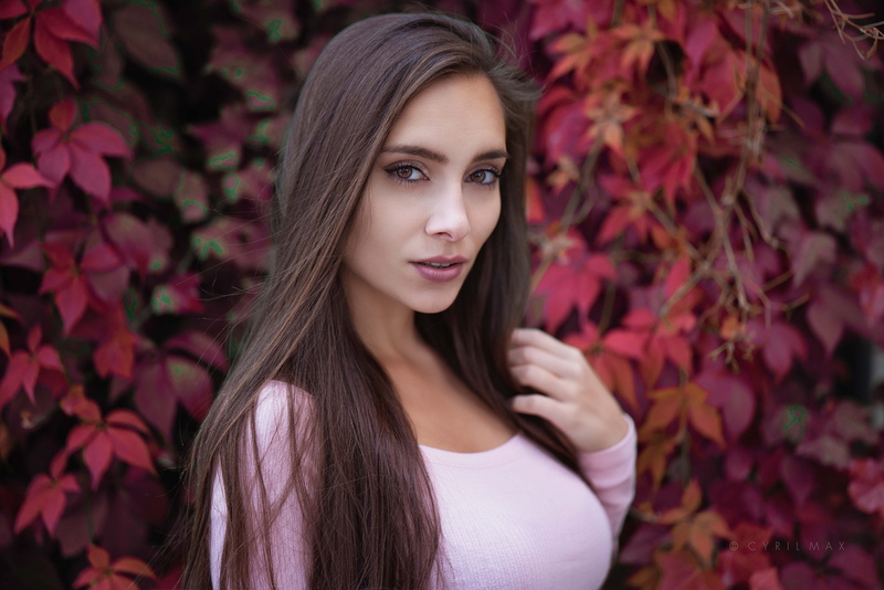 Pavlina, Cyril Max, bokeh, looking at viewer, portrait, photography, brown eyes, long hair, face, model, 1080P, brunette, women outdoors, women, leaves