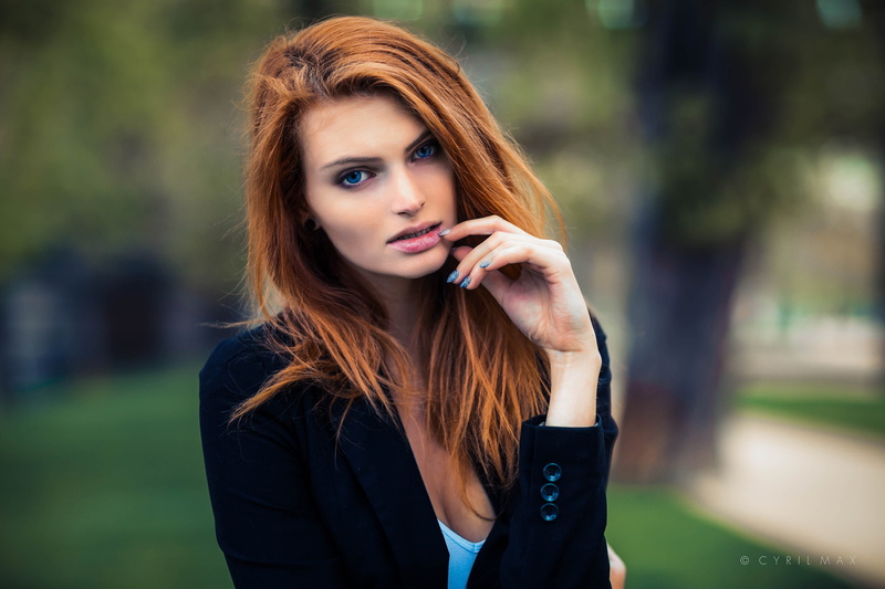 Blazer, open mouth, portrait, redhead, Cyril Max, black jackets, 1080P, blue eyes, women