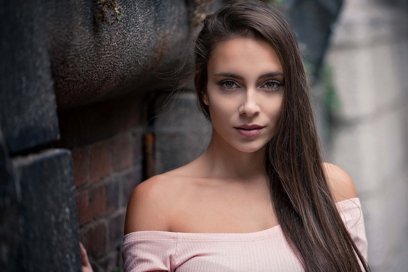 open mouth, pink clothing, face, portrait, looking at viewer, brunette, Cyril Max, Pavlina, bare shoulders, pink lipstick, long hair, brown eyes, women