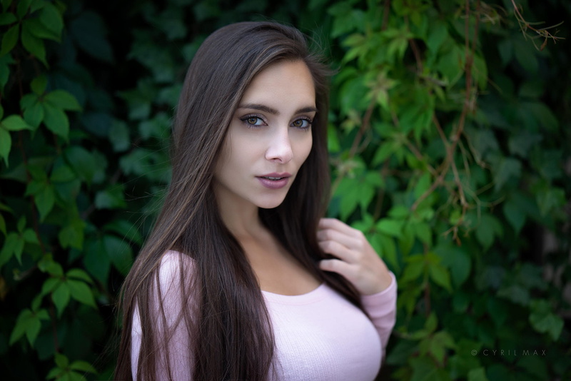long hair, brunette, Cyril Max, face, Pavlina, leaves, 1080P, women outdoors, women, portrait