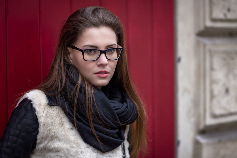 1080P, scarf, blue eyes, women, women with glasses, jacket, portrait, women outdoors, face, brunette, glasses, long hair, Cyril Max