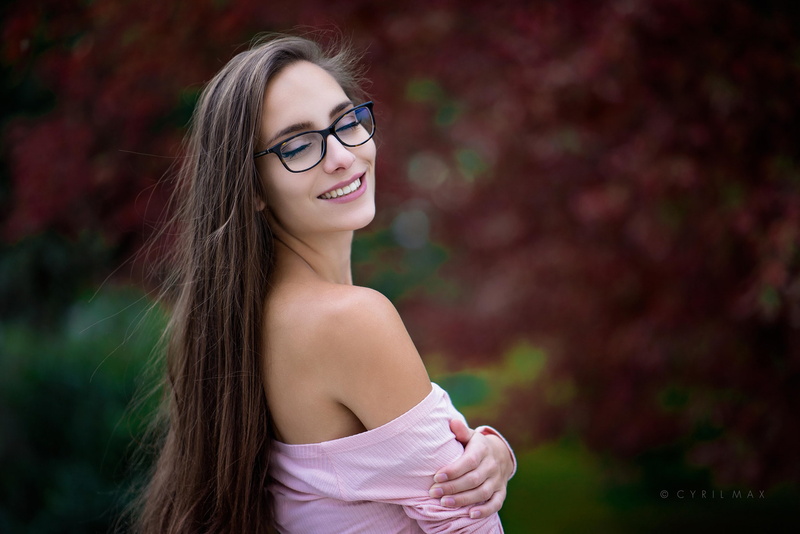 Cyril Max, closed eyes, depth of field, Pavlina, smiling, portrait, long hair, women, women outdoors, 1080P, women with glasses