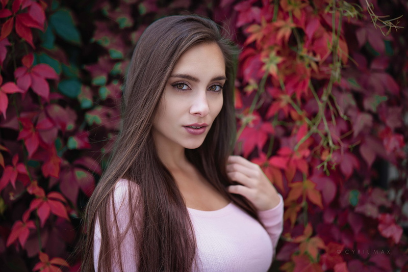 women, makeup, looking at viewer, straight hair, red, long hair, brown eyes, white clothing, nature, Pavlina, portrait, brunette, 1080P, leaves, Cyril