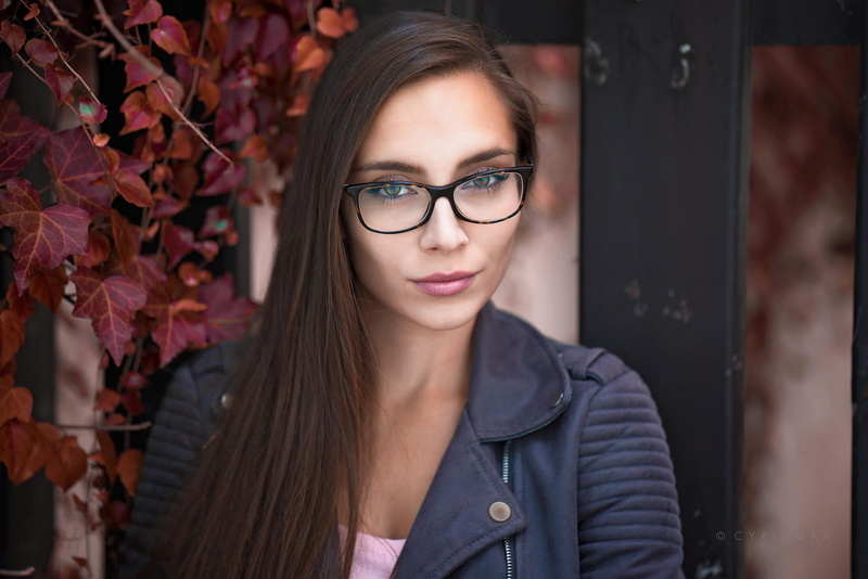 straight hair, jacket, 1080P, leaves, women, brunette, long hair, fall, glasses, looking at viewer, Cyril Max