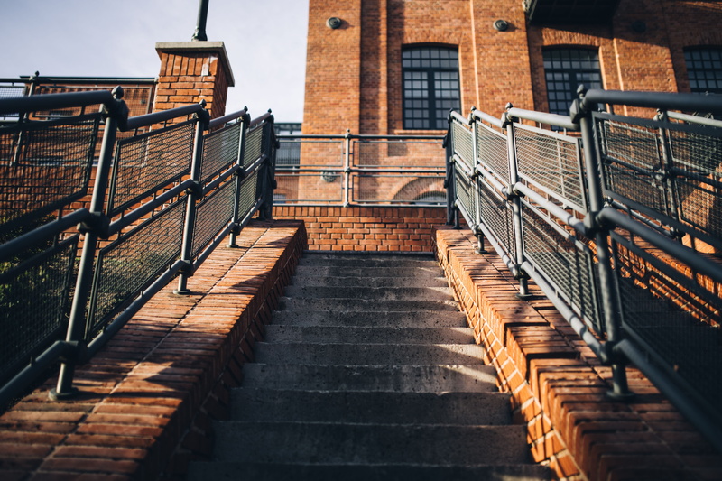 low angle view, aparts, no People, historic, brick, windows, urban Scene, town, factory, old, bricks, steps and staircases, railing, city, day, metal, protection