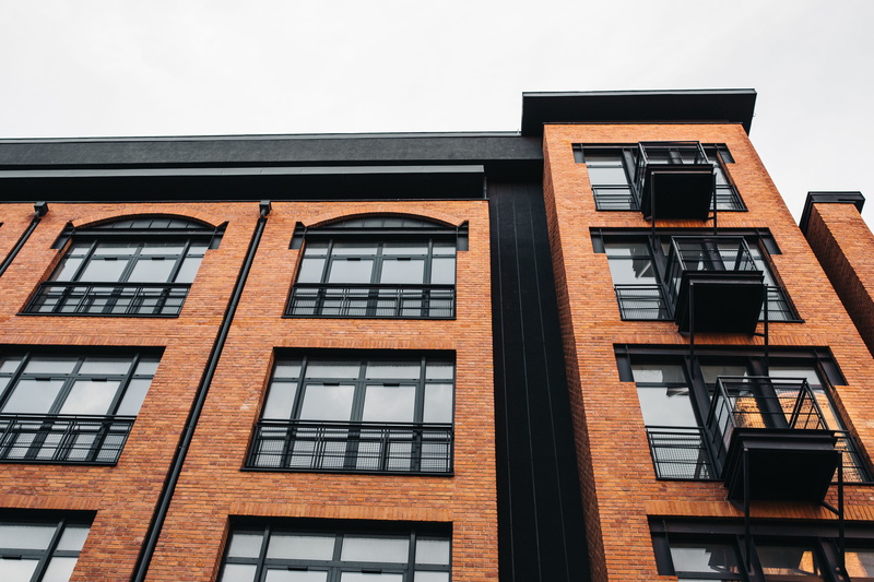 window, sky, day, residential district, Lodz, architecture, łódź, low angle view, building Exterior, city, outdoors, pattern, bricks, aparts, clear sky